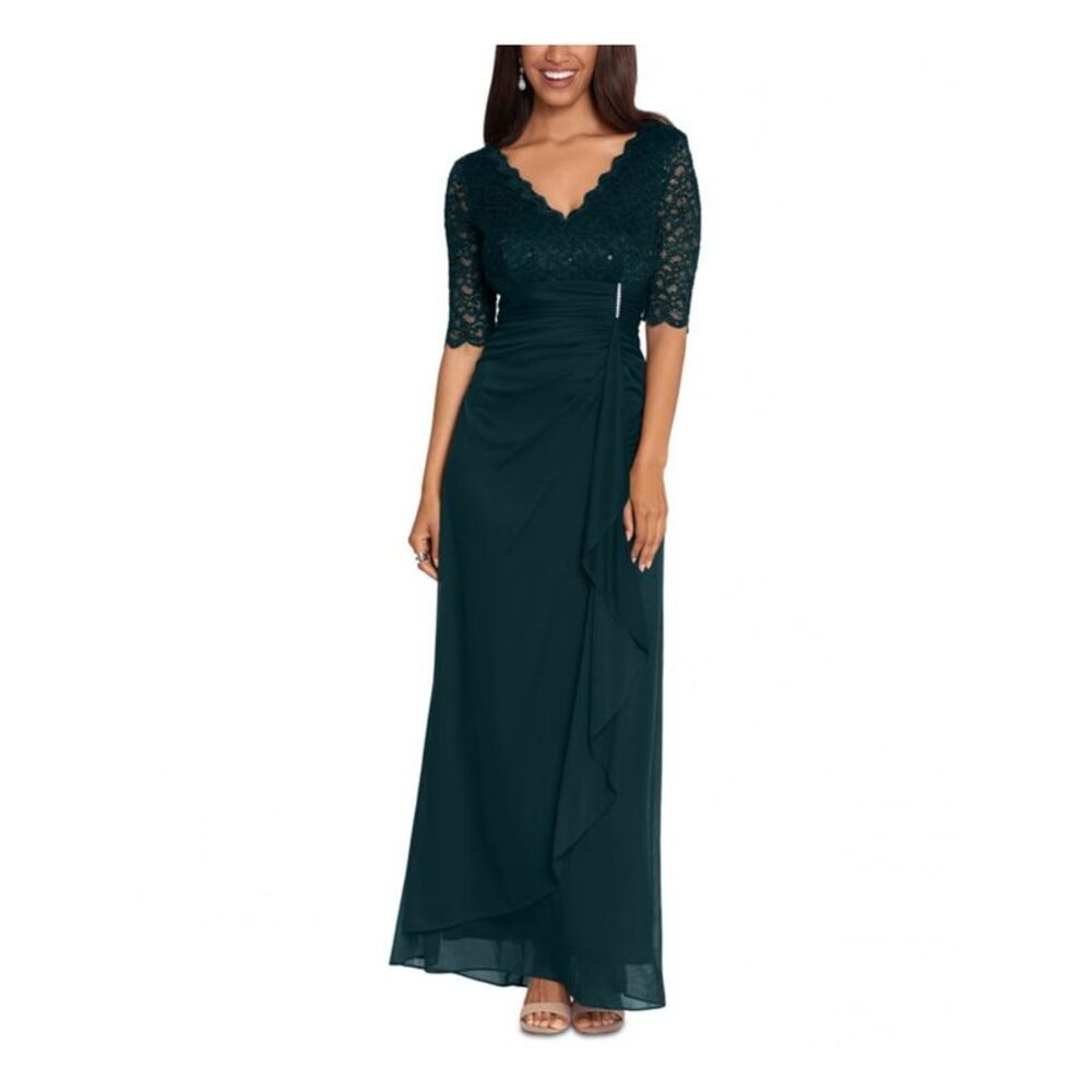 B&A  BY BETSY & ADAM Womens Green Waterfall Ruffle V-back Formal Dress 10